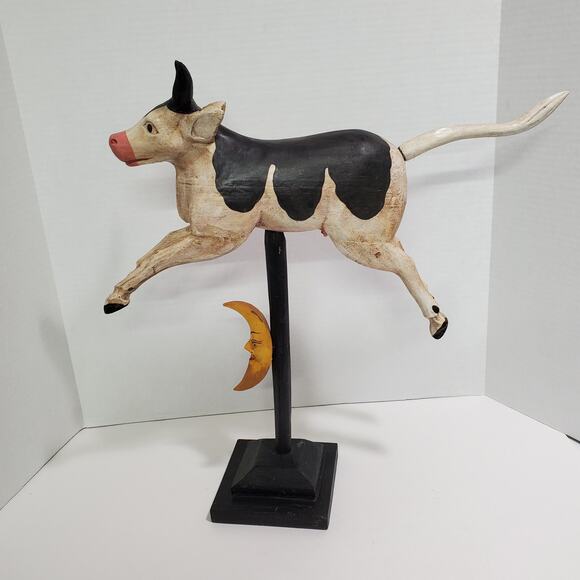 Set of 2 Flying Pig & Cow Jumped Over Moon Carved Wood Figurines Folk Art Vtg? - Picture 5 of 16